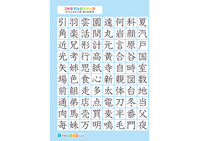 小学2年生の漢字一覧表（筆順付き）A4 ブルー 左